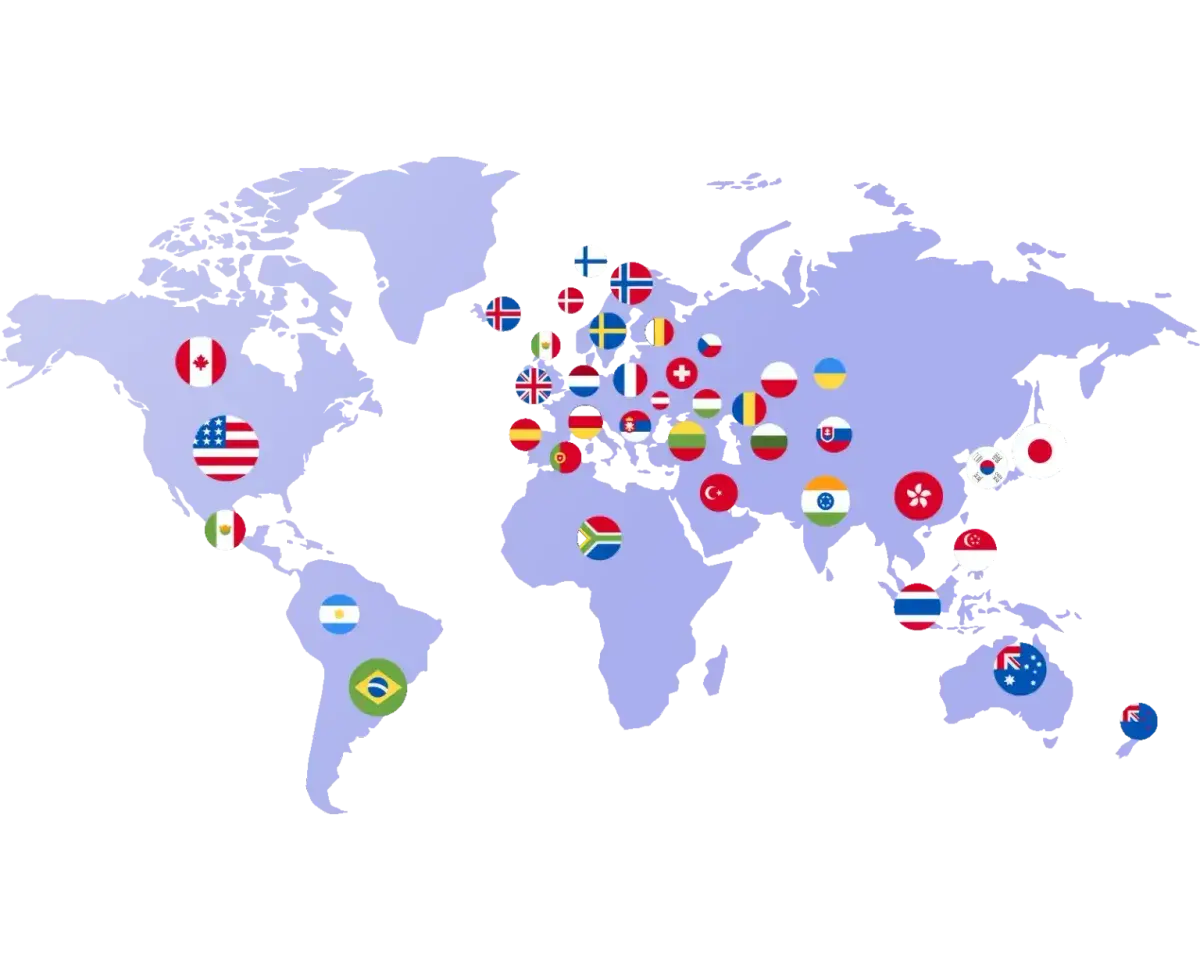 World map with round country flags marking the regions whose TV channels Flixaria carries, from the US and Canada to Europe, Asia and Australia